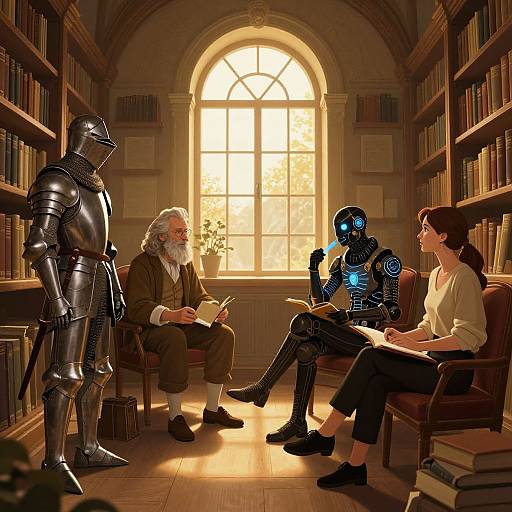 Photograph-style digital illustration: Medieval scholar with white beard, brown robe, robotic knight, and blue humanoid robot converse in sunlit library.