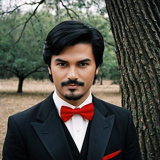 Man in Black Suit with Red Bowtie Outdoors