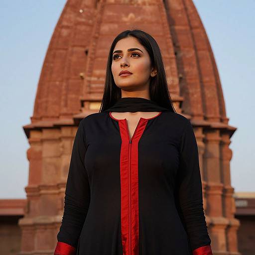 Photograph of a confident woman with long black hair, wearing a black outfit with red accents, standing in front of a large, red domed structure