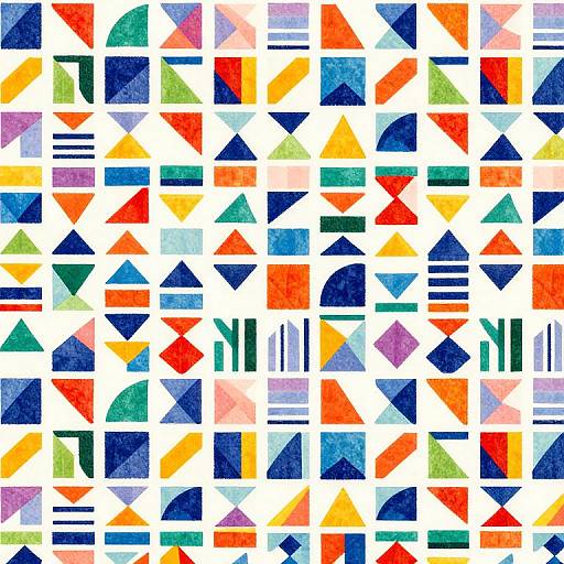 Vibrant geometric pattern of colorful triangles, squares, and rectangles in shades of blue, red, orange, green, and yellow on white background.