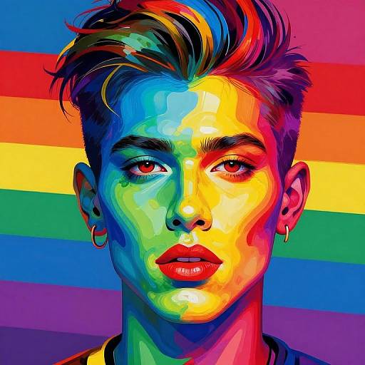 Digital portrait of a androgynous person with short, multicolored hair, piercings, and red lips, set against a vibrant rainbow