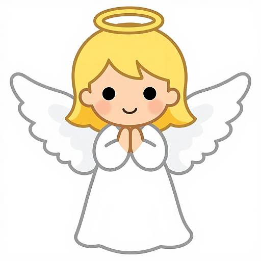 Cute digital cartoon of a blonde angel with a halo, white wings, and dress, smiling with hands clasped, on a white background.