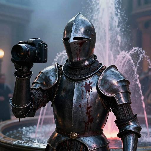 Photorealistic CGI of a blood-stained, armored knight holding a camera, standing in front of a fountain at night.