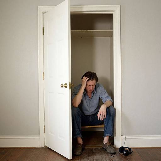 Photograph of a distressed man with dark hair, blue shirt, and jeans, sitting in a small, dimly lit closet, hand on head,