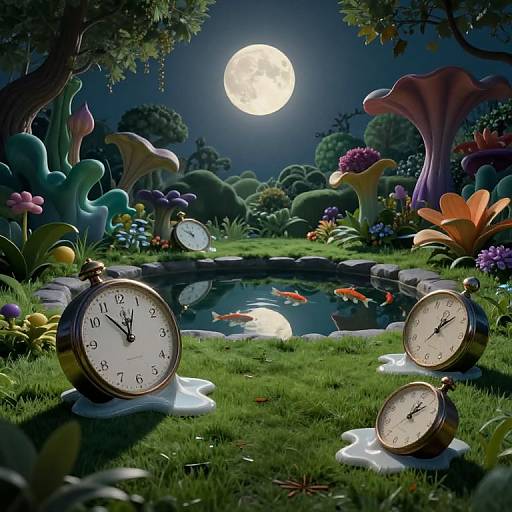 Fantastical moonlit garden with glowing mushrooms, pond, koi fish, and two antique clocks standing on grass under a full moon.