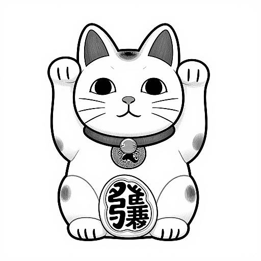 Black and white digital drawing of a cute, chubby cat with raised paws, large round eyes, and a bell collar. Japanese characters on its chest