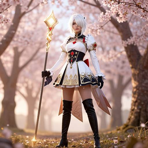 CGI fantasy image of a white-haired, fair-skinned female warrior in a white, black, and gold dress, holding a glowing staff, standing