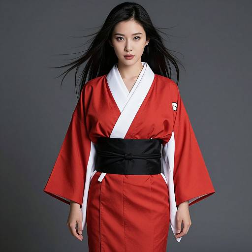 Photograph of an East Asian woman with long black hair, wearing a red and white traditional kimono with a black obi, standing against a dark