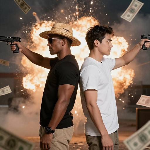 Dramatic Duel Amidst Explosive Chaos