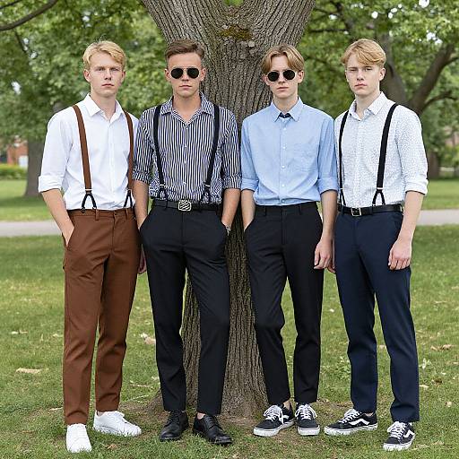Photograph of four blond boys in vintage attire, standing in front of a tree in a park: white shirts, suspenders, striped and solid patterns