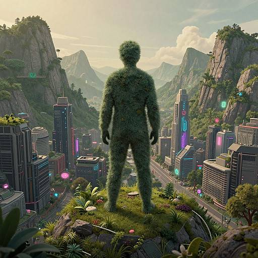 Digital artwork of a silhouetted, furry humanoid figure standing on a grassy hill, overlooking a futuristic cityscape with neon-lit buildings and