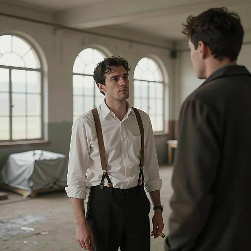 Men Discussing in Old Warehouse