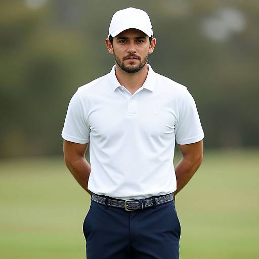 Photograph of a handsome, muscular man with olive skin, dark beard, wearing a white polo shirt, navy pants, and white cap, standing on