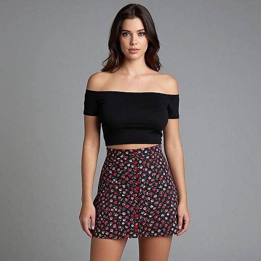Photograph of a young woman with dark hair, wearing an off-shoulder black crop top and a floral-patterned mini skirt, standing against a