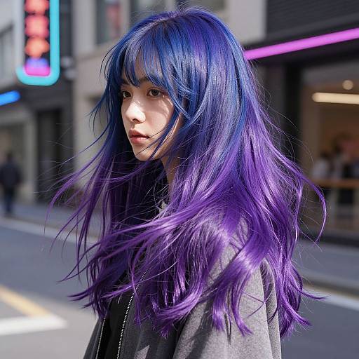 Photograph of a young Asian woman with vibrant blue and purple ombre hair, standing on a sunlit city street, wearing a gray jacket,