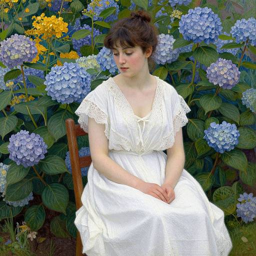 Photograph of a fair-skinned woman with brown hair in a white lace dress, sitting amidst vibrant blue and yellow hydrangeas, with a wooden
