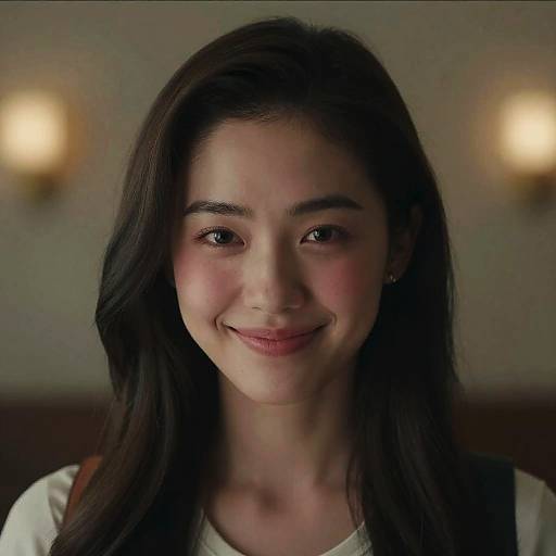 Photograph of a smiling young Asian woman with long black hair, fair skin, wearing a white shirt, against a softly lit background with two wall s