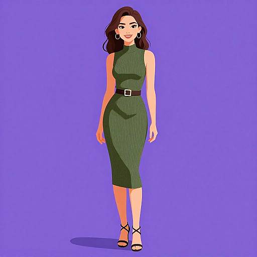 Digital illustration of a smiling woman with wavy brown hair, wearing a green sleeveless knit dress, black belt, black high heels, and large earrings