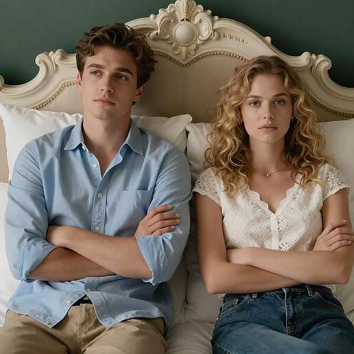 Elegant Couple on Ornate Cream Bed