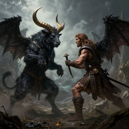 Digital fantasy artwork: Muscular warrior with black wings and armor confronts a dark, horned, winged demon in a stormy, mountainous