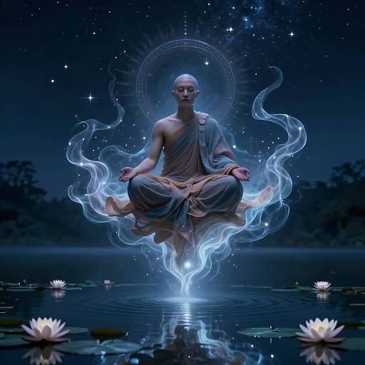 Digital artwork of a bald, meditating monk in a blue-orange robe, floating above a moonlit pond with glowing blue aura and lotus flowers.