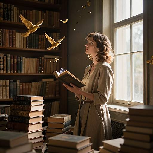 Photograph of a curly-haired woman in a beige dress reading a book in a sunlit library, with three golden birds flying near her.