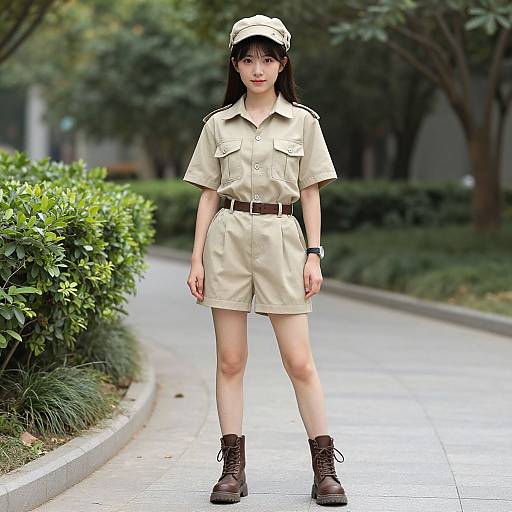Photograph of an Asian woman in a beige scout uniform, cap, brown boots, standing on a tree-lined sidewalk. Green bushes and trees in background