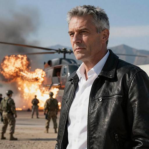 Serious Man Amidst Explosive Action Scene