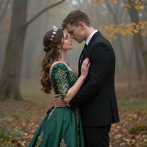 Photograph of a romantic forest scene: Brown-haired woman in a green, ornate dress and white flower crown, gazes lovingly at a man