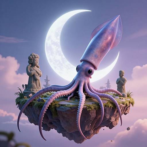 Digital art: A glowing purple squid with long tentacles stands on a floating grassy island with two stone statues, under a crescent moon in a