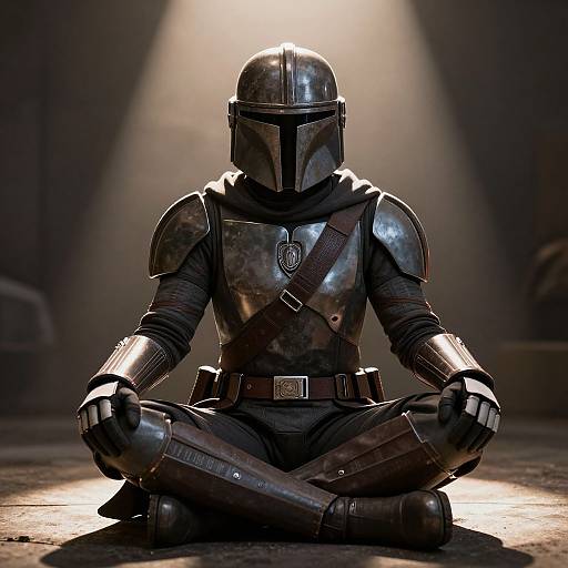 Photorealistic CGI of a metallic-armored Mandalorian figure sitting cross-legged in a dimly-lit room, spotlight on helmet and chest plate.