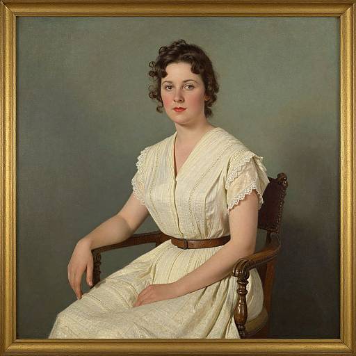Victorian-era portrait of a fair-skinned woman with curly dark hair, wearing a white, lace-trimmed dress and brown belt, seated in