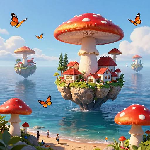 Digital art: Vibrant fantasy scene with giant red-capped mushrooms floating on a blue ocean, surrounded by colorful houses and orange butterflies, with a sandy