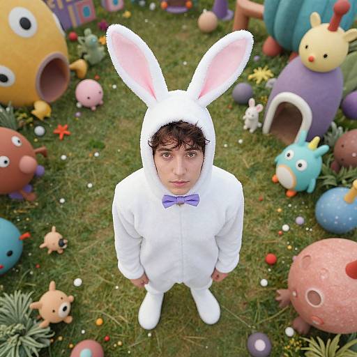 Photograph of a young man with dark hair, wearing a white bunny costume with pink ears, purple bowtie, standing in a grassy, colorful