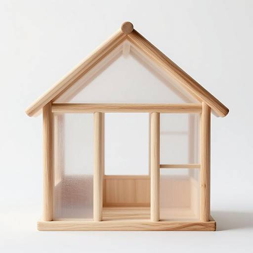 Photograph of a simple, light wood house model with a triangular roof, frosted glass windows, and vertical wooden beams.