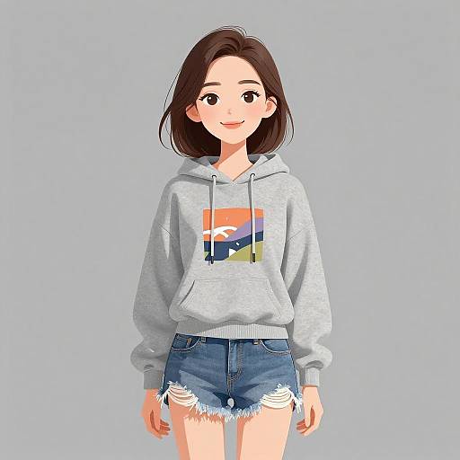 Digital illustration of a smiling young woman with fair skin, brown hair, wearing a gray hoodie with a geometric design, and frayed denim shorts, against