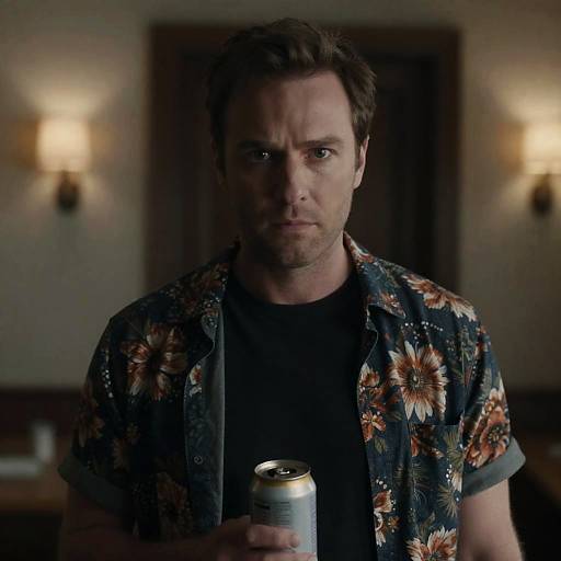 Man in Floral Shirt Holding Can