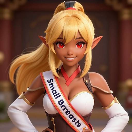 Digital anime-style character with dark skin, blonde hair, red eyes, elf ears, and large breasts wearing a 