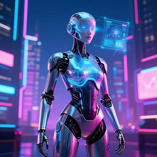 Cybernetic female robot with glowing blue and pink neon lights, holographic interface, standing in a futuristic cityscape with colorful illuminated skyscrapers