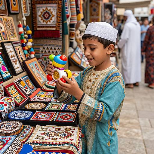 Joyful Muslim Boy in Vibrant Marketplace