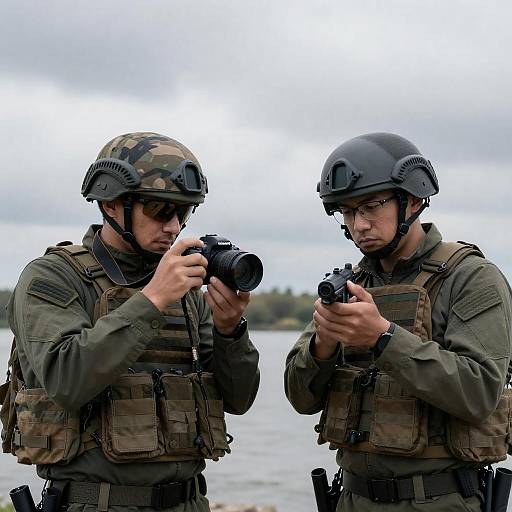Soldiers by River with Camera and Rifle