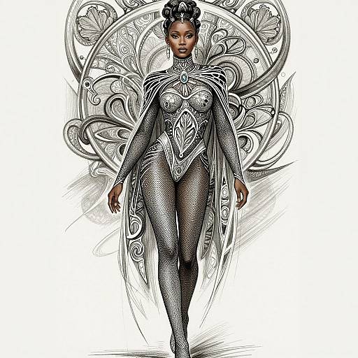 Digital illustration of a confident Black woman with dark skin, intricate silver armor bodysuit, fishnet stockings, and elaborate hairstyle, standing against a detailed