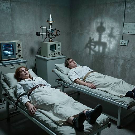 Photograph of two red-headed men in white hospital gowns, restrained and lying on hospital beds in a dimly lit, concrete-walled room with