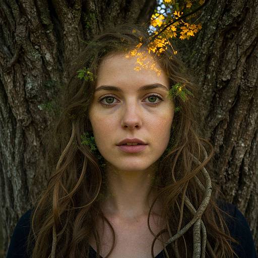 Photograph of a young woman with fair skin, green eyes, and wavy brown hair, adorned with small leaves, standing against a textured tree trunk
