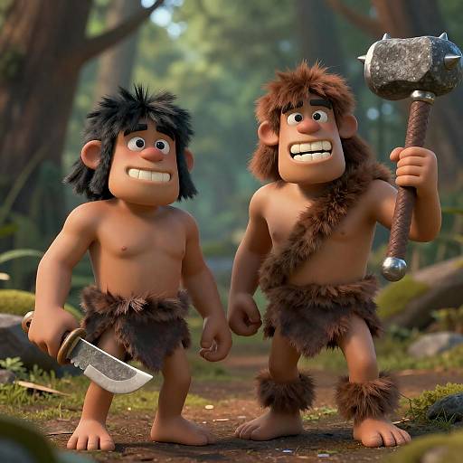 Cartoon Cavemen in a Lush Forest