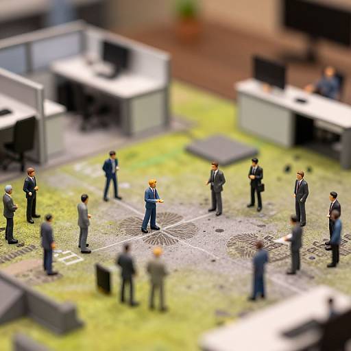 Photograph of a miniature, out-of-focus business conference with numerous tiny, dressed-up figurines standing and talking in a grassy, cubicle-filled