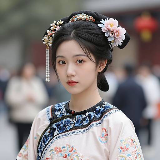 Photograph of an East Asian woman with fair skin, black hair in an updo adorned with floral headpiece and pearl earring, wearing a white