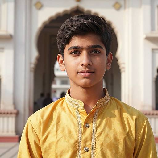 Photograph of a young South Asian man with dark hair, brown skin, and brown eyes, wearing a yellow traditional kurta, standing in front of
