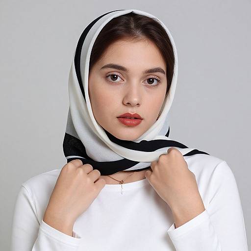 Photograph of a young woman with fair skin, dark brown eyes, and red lipstick, wearing a white hijab with black stripes, holding the hij