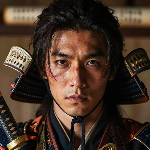 Photograph of a serious East Asian samurai with blood on his face, long black hair, wearing traditional armor, and holding two katanas.